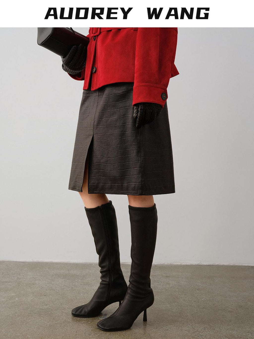 audreyyang Premium Sheepskin Mid Waist Straight Front Slit Black Women Leather Midi Skirts