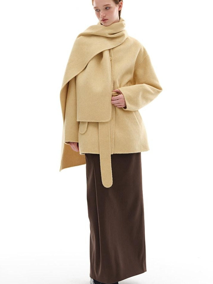 someone sometimes Minimalist Belted Roundneck Single Breasted 50 Percent Wool Yellow Wool Coats