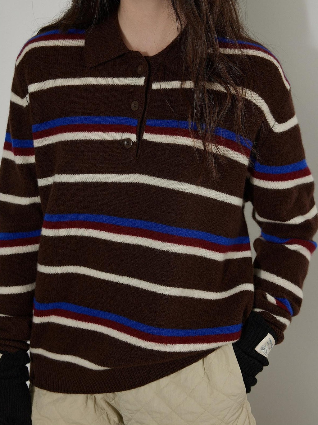 Lofi choose Colorblock Striped Polo Collar Relaxed Fit Commuter Women Knitwear Sweaters