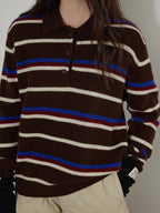 Lofi choose Colorblock Striped Polo Collar Relaxed Fit Commuter Women Knitwear Sweaters