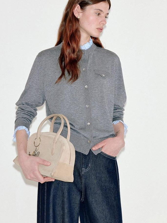 fano Thermal Wool Blend Straight Fit Round Neck Office Classic Heather Gray Cardigans