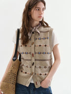 fano Breathable Knitted Wool Blend Geo Round Neck Button Loose Fit Commuter Vests