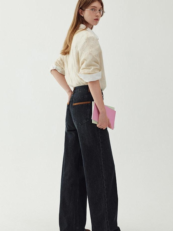 fano Washed Minimal Loose Natural Waist Raw Denim Youth Nonstretch Straight Leg Jeans