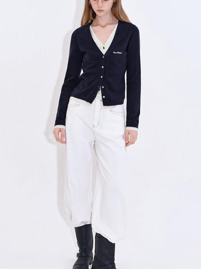 fano Embroidered Letter Slim V-neck Button For Teen Girls Navy Knit Cardigans