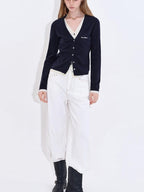 fano Embroidered Letter Slim V-neck Button For Teen Girls Navy Knit Cardigans