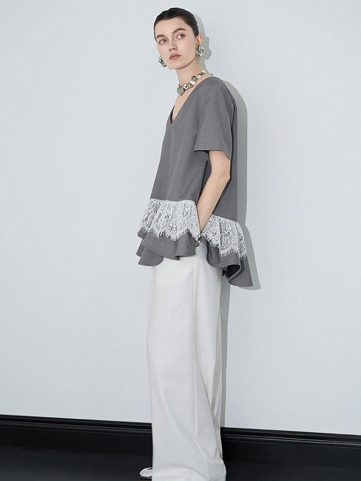audreyyang Cotton Blend Commuter Patchwork Loose V-neck Heather Gray Short Sleeve T-Shirts