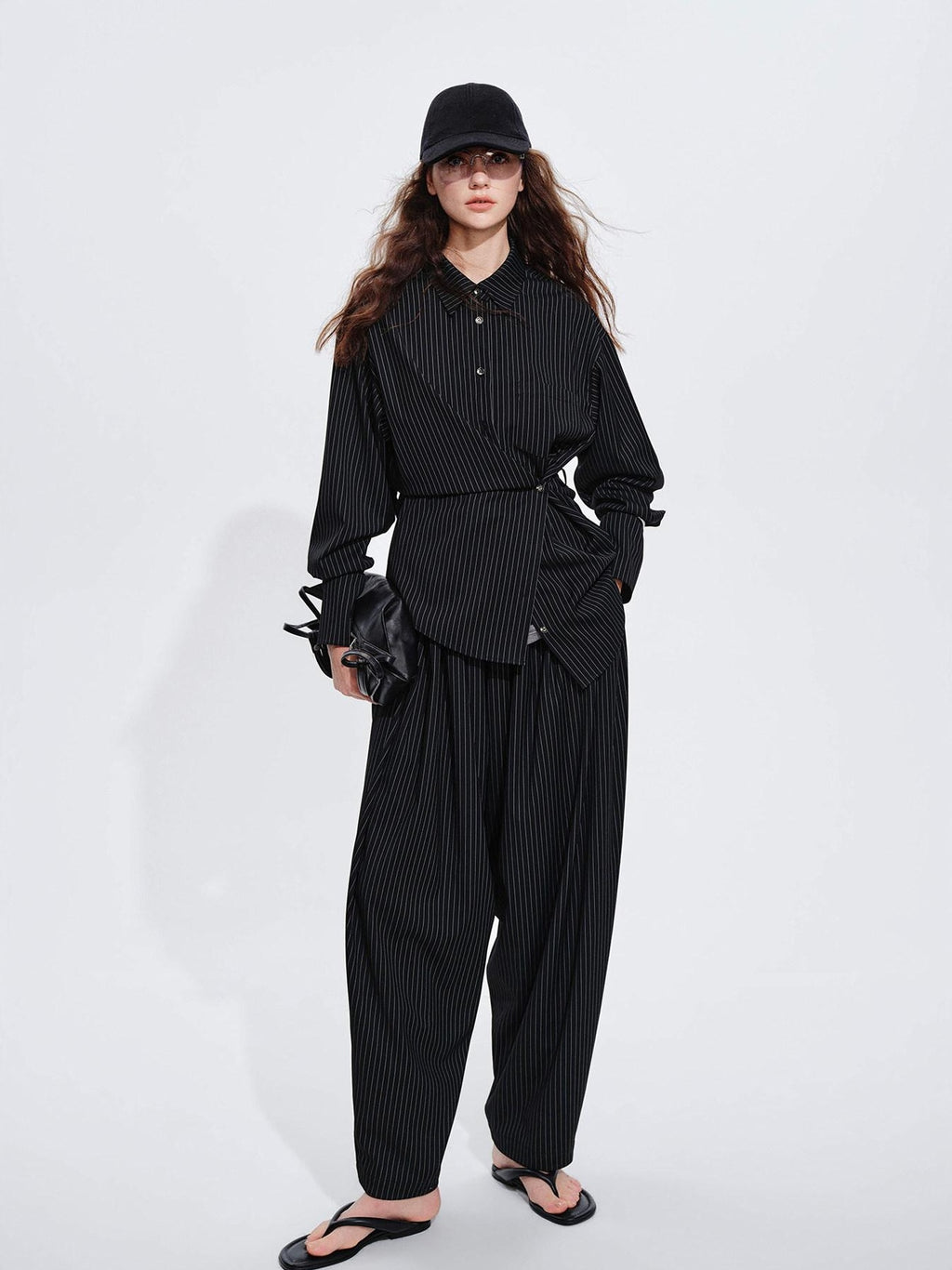 audreyyang Striped Relaxed Lapel Button Long Sleeve Casual Women Polyester Top & Pants Sets