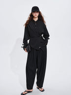 audreyyang Striped Relaxed Lapel Button Long Sleeve Casual Women Polyester Top & Pants Sets