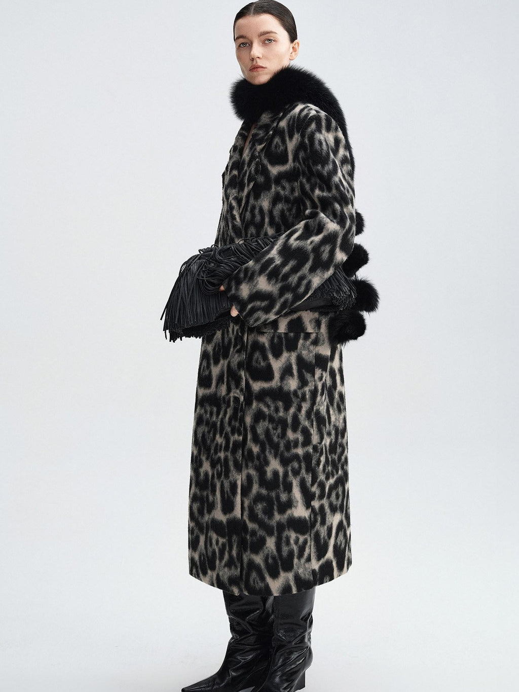 audreyyang Thick Wool Blend Retro Loose Leopard Double Breasted Lapel Long Coats