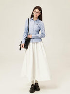 ikyou Embroidered Slim Commuter Square Neck Striped Long Sleeve Cotton Blend Shirts