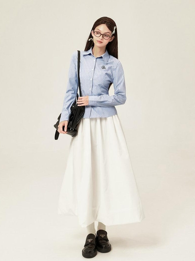 ikyou Embroidered Slim Commuter Square Neck Striped Long Sleeve Cotton Blend Shirts