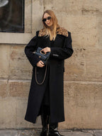 audreyyang 100% Sheep Wool Double Breasted Midlength Straight Women Black Wool Coats