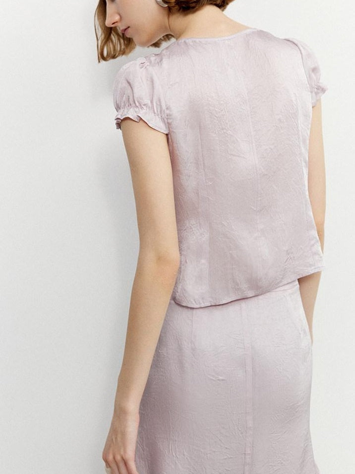 someone sometimes Tie Front V-neck Puff Sleeve Slim Casual Love Print Acetate Women Blouses