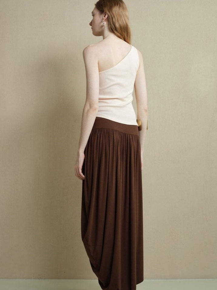 someone sometimes Soft Viscose Blend Slim Fit One Shoulder Beige Stretch Ruching Tank Tops