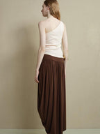 someone sometimes Soft Viscose Blend Slim Fit One Shoulder Beige Stretch Ruching Tank Tops