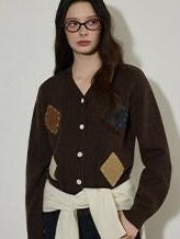 Lofi choose Wool Blend Colorblock Loose V-neck Women Workwear Argyle Button Knit Cardigans
