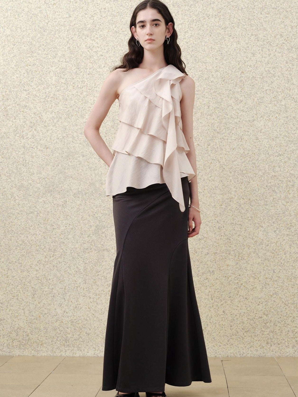 someonesometimes Ruffle One Shoulder Loose Tencel Modal Soft Mist Pink Women Top