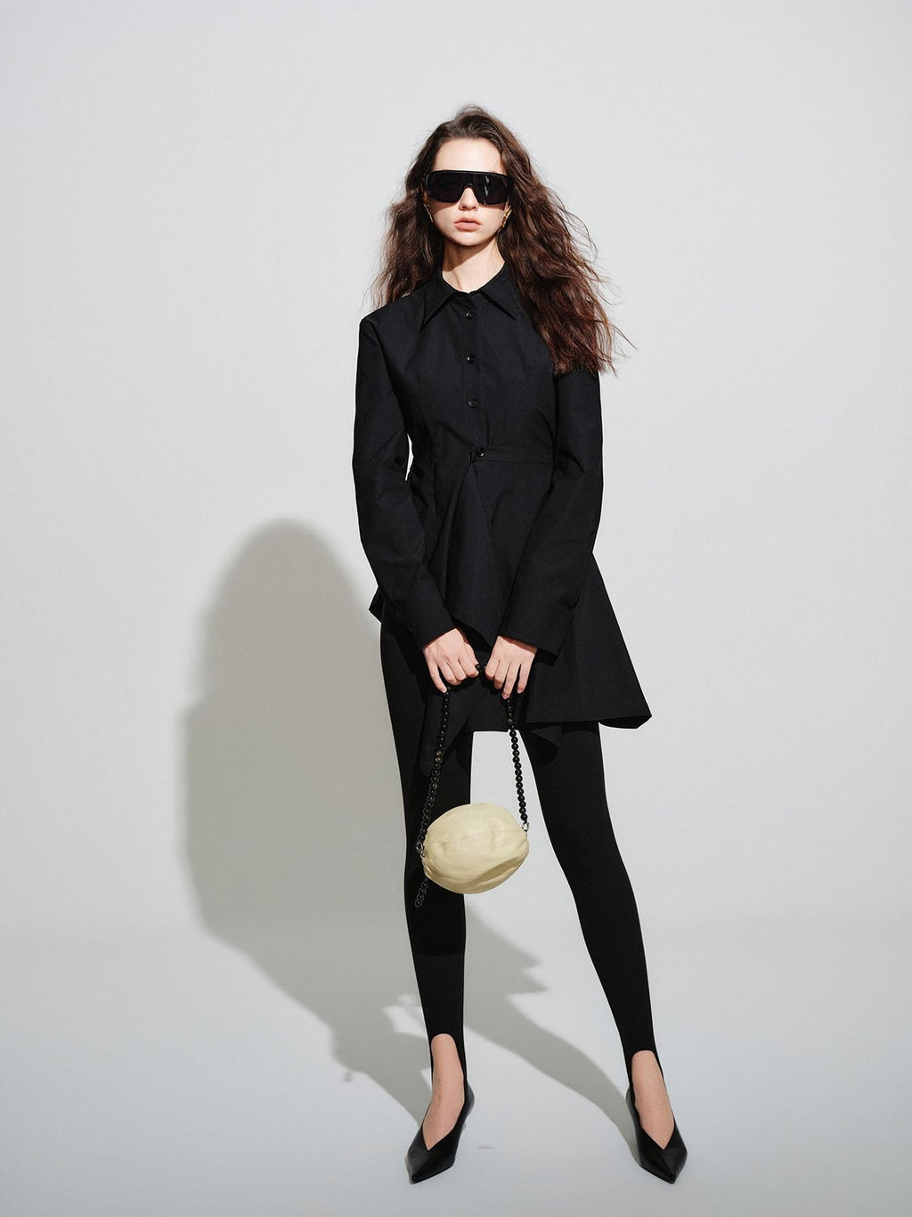 audreyyang Vintage Loose Square Neck Long Sleeve Midi Cardigan Black Polyester Blouses