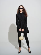 audreyyang Vintage Loose Square Neck Long Sleeve Midi Cardigan Black Polyester Blouses