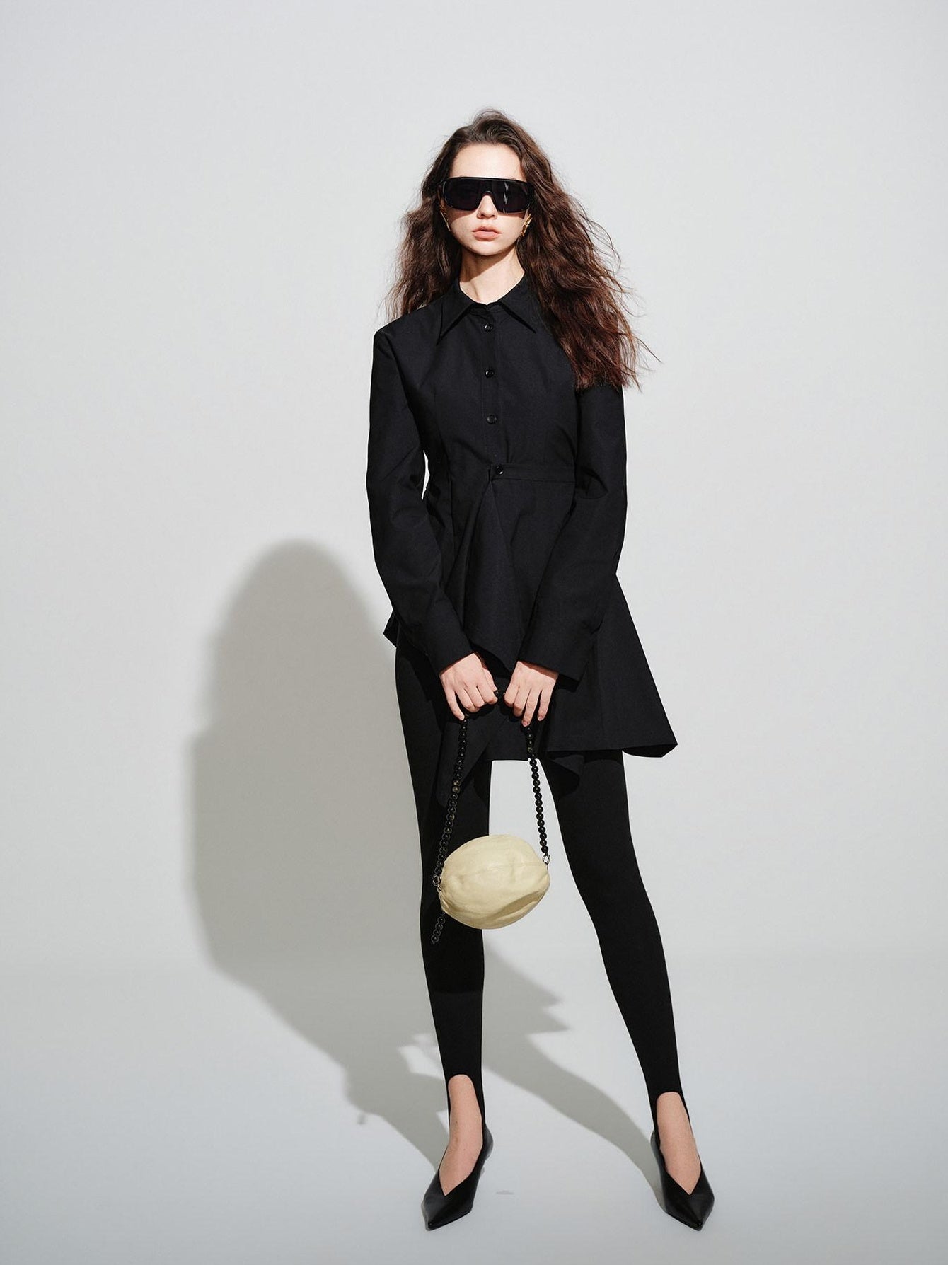 audreyyang Vintage Loose Square Neck Long Sleeve Midi Cardigan Black Polyester Blouses