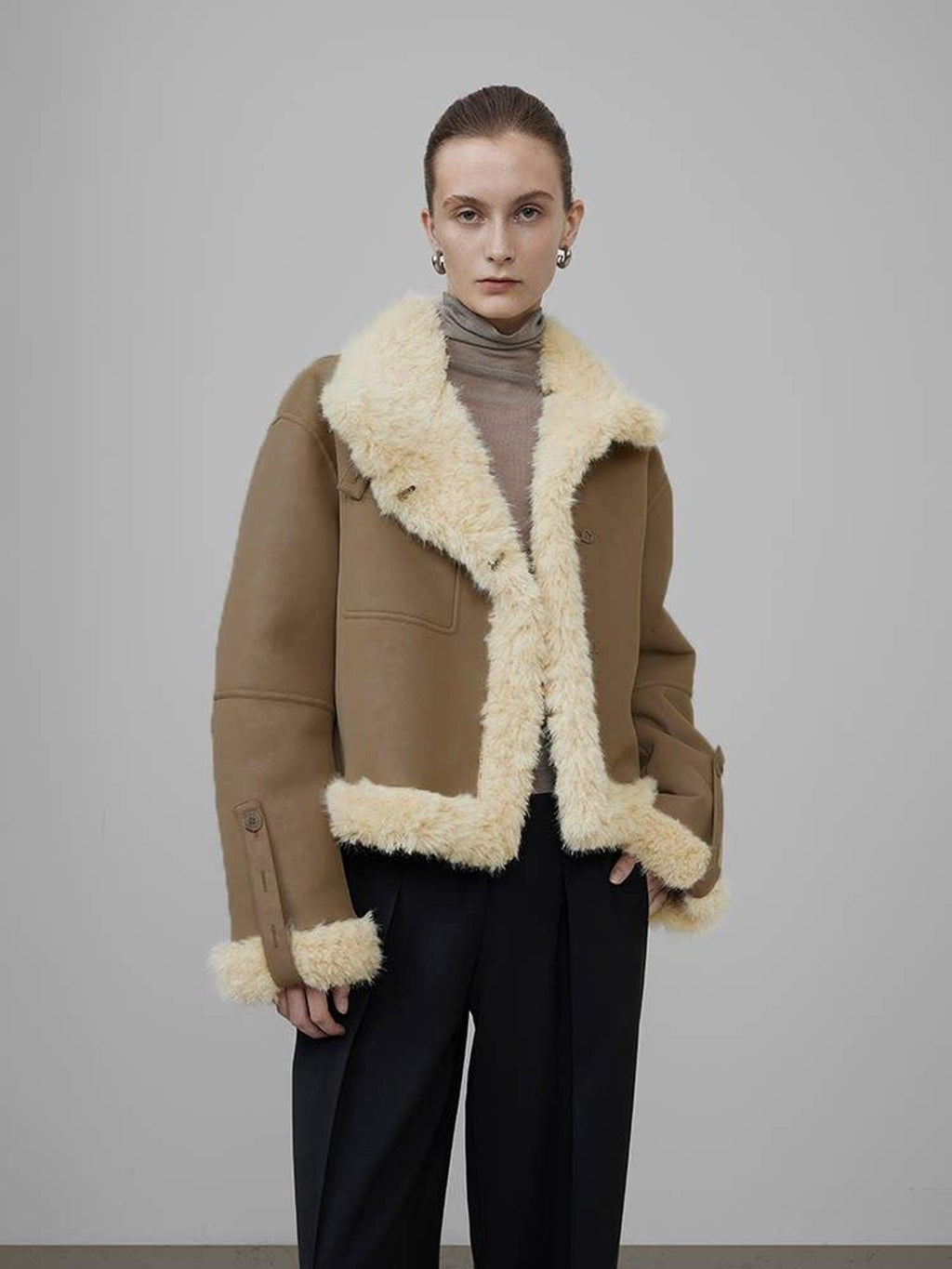unspoken Faux Fur Pocketed Loose Fit Barn Style Brown Women Cropped Jackets