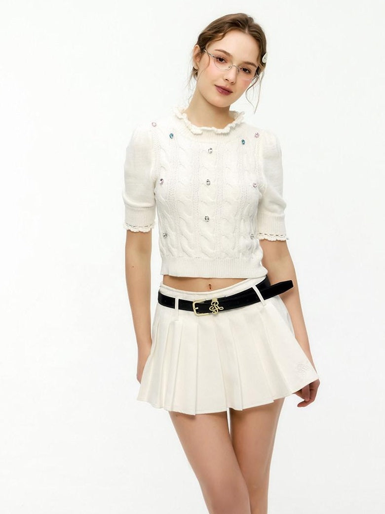 ikyou Rhinestone Lace Hollowout 3D Detail Minimal Commuter Slim Crop Knitwear Sweaters