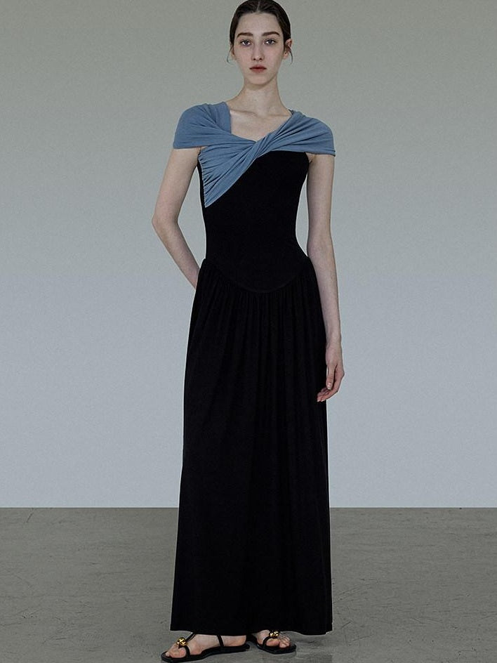 unspoken High Waist Colorblock V-neck A Line Viscose Knit Casual Women Maxi Dresses