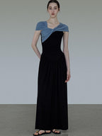 unspoken High Waist Colorblock V-neck A Line Viscose Knit Casual Women Maxi Dresses