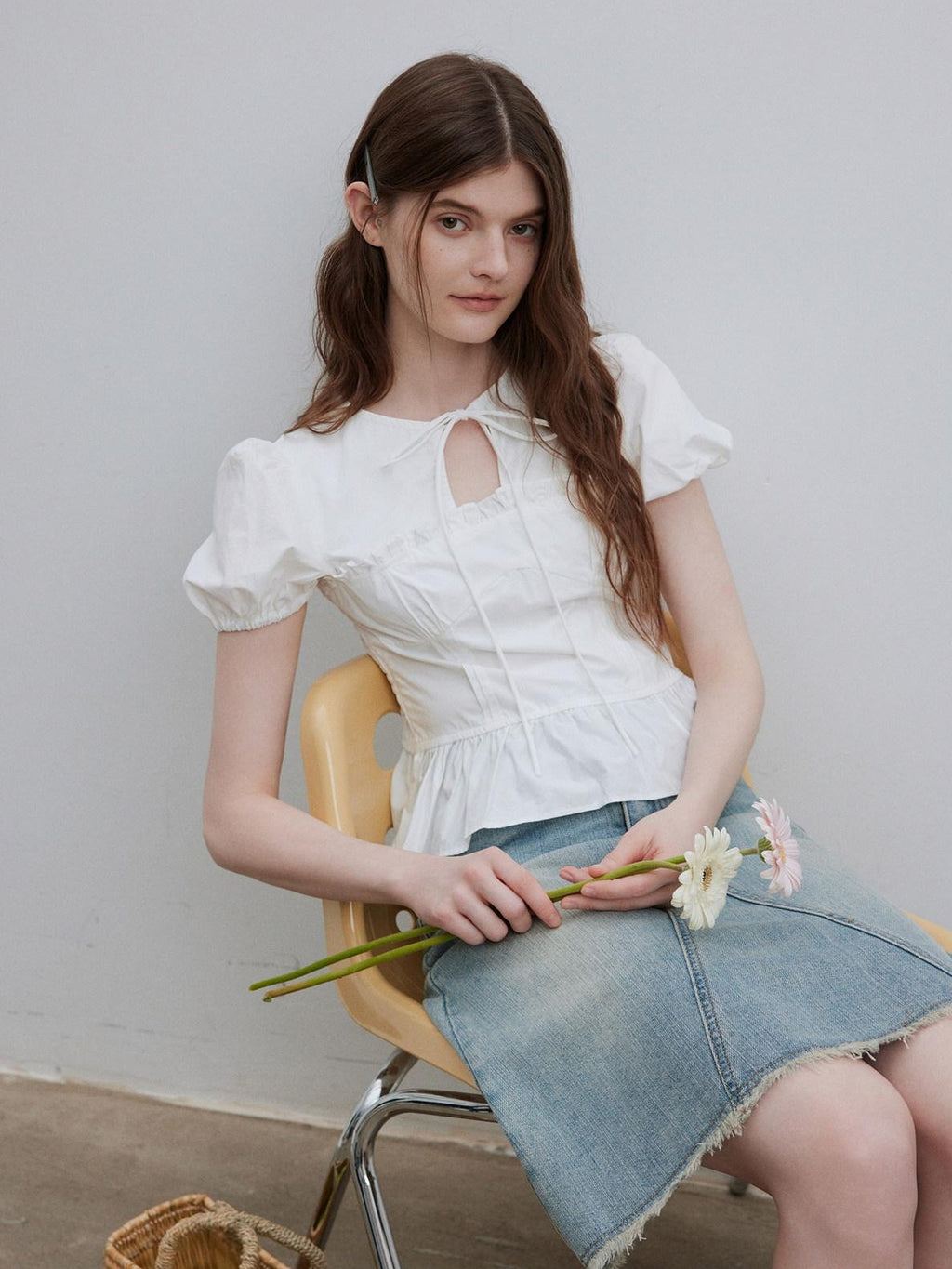 Lofi choose Puff Sleeve Tie Neck Loose Fit Office Workwear Short Sleeve White Pink Blouses