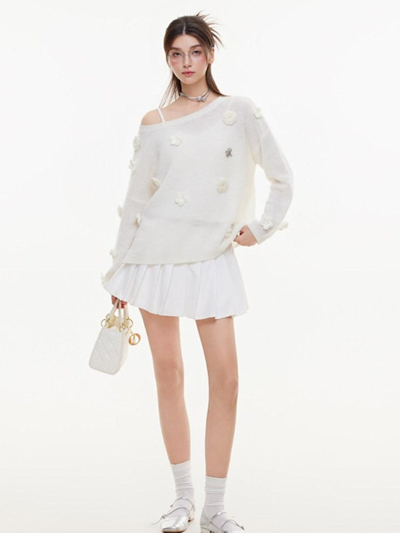 ikyou Warm Wool Blend Pullover Loose Crochet 3D Detail Office Boat Neck White Sweaters