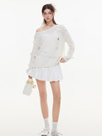 ikyou Warm Wool Blend Pullover Loose Crochet 3D Detail Office Boat Neck White Sweaters