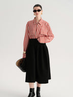 audreyyang Flattering High Waist A Line Solid Black Nylon Office Casual Women Maxi Skirts