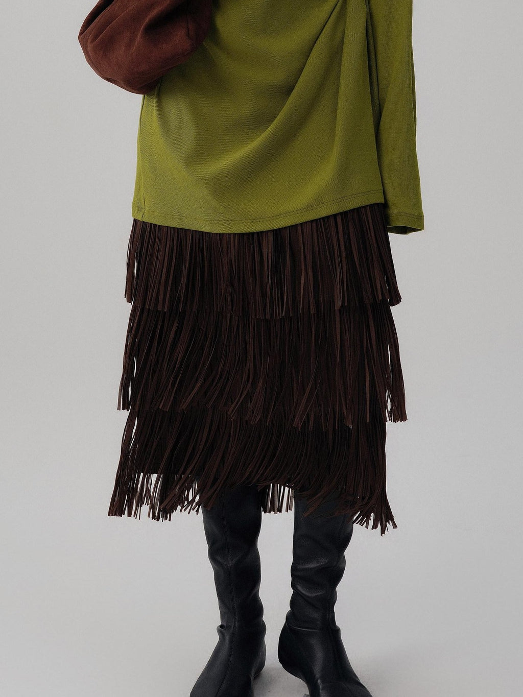 audreyyang Hand Pleated Tiered Fringe Mid Waist Casual Women Polyester Midi Skirts