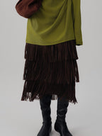 audreyyang Hand Pleated Tiered Fringe Mid Waist Casual Women Polyester Midi Skirts