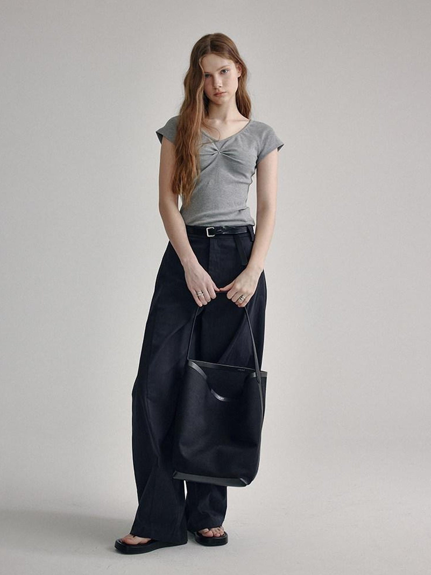 fano V-neck Drawstring Cotton Blend Minimal Straight Women Short Sleeve T-Shirts