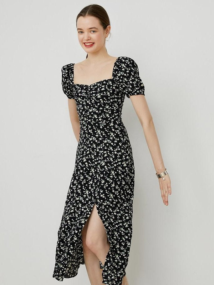 fano Viscose Square Neck Puff Sleeve A Line Casual Black Floral Maxi Dresses