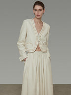unspoken Cropped V-neck Blazer Tailored Slim High Waist Cotton Office Top & Skirt Sets