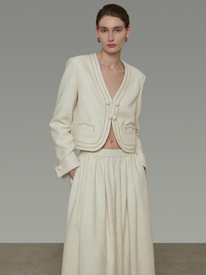 unspoken Cropped V-neck Blazer Tailored Slim High Waist Cotton Office Top & Skirt Sets