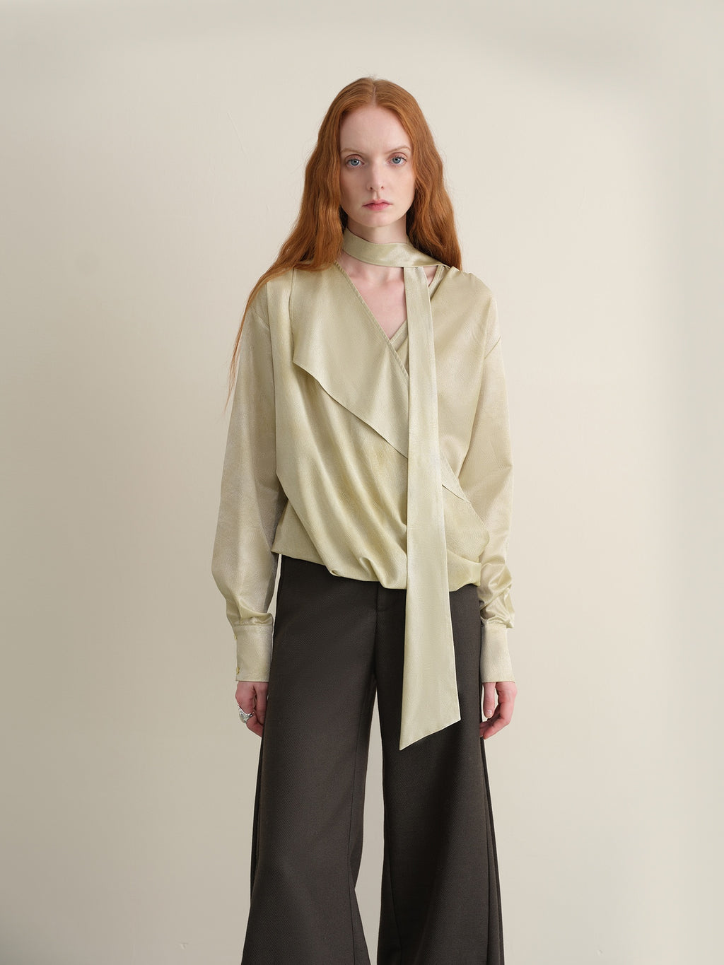 someonesometimes Breathable Casual Loose V-neck Tie Front Bell Sleeve Floral Cantaloupe Blouses