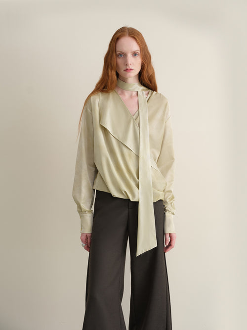 someonesometimes Breathable Casual Loose V-neck Tie Front Bell Sleeve Floral Cantaloupe Blouses