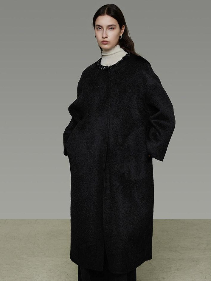 unspoken Heavyweight Lambswool Blend Minimal Commuter Loose Longline Black Wool Coats
