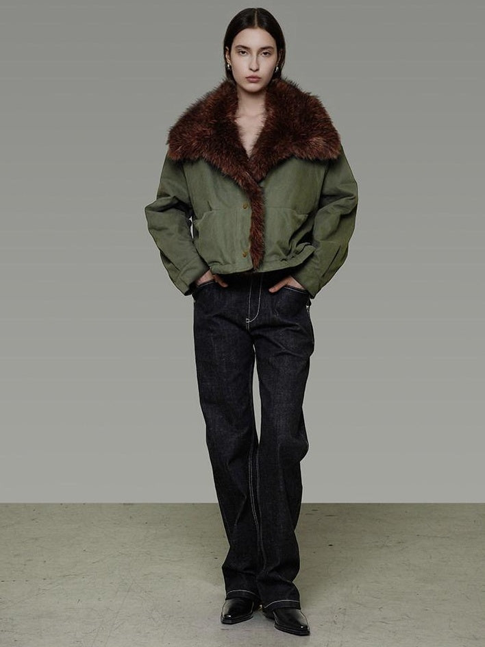 unspoken Fur Collar Short Single Breasted Office Olive Green Long Sleeve Cropped Jackets