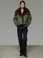 unspoken Fur Collar Short Single Breasted Office Olive Green Long Sleeve Cropped Jackets