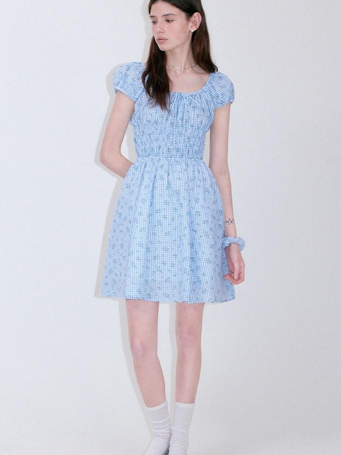 fano Sweet High Waist Puff Sleeve A Line Floral Square Neck Poly Cotton Midi Dresses