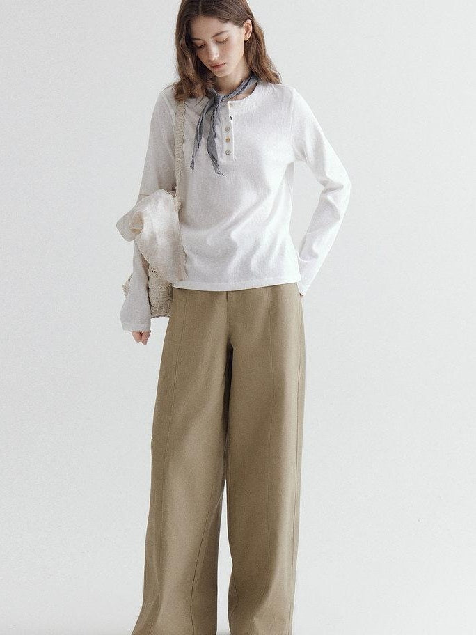 fano Soft Cotton Blend Round Neck Minimal Commuter Women White Long Sleeve T-Shirts