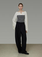 unspoken Breathable Cotton Contrast V-neck Loose Longsleeve Tie Front Women Blouses