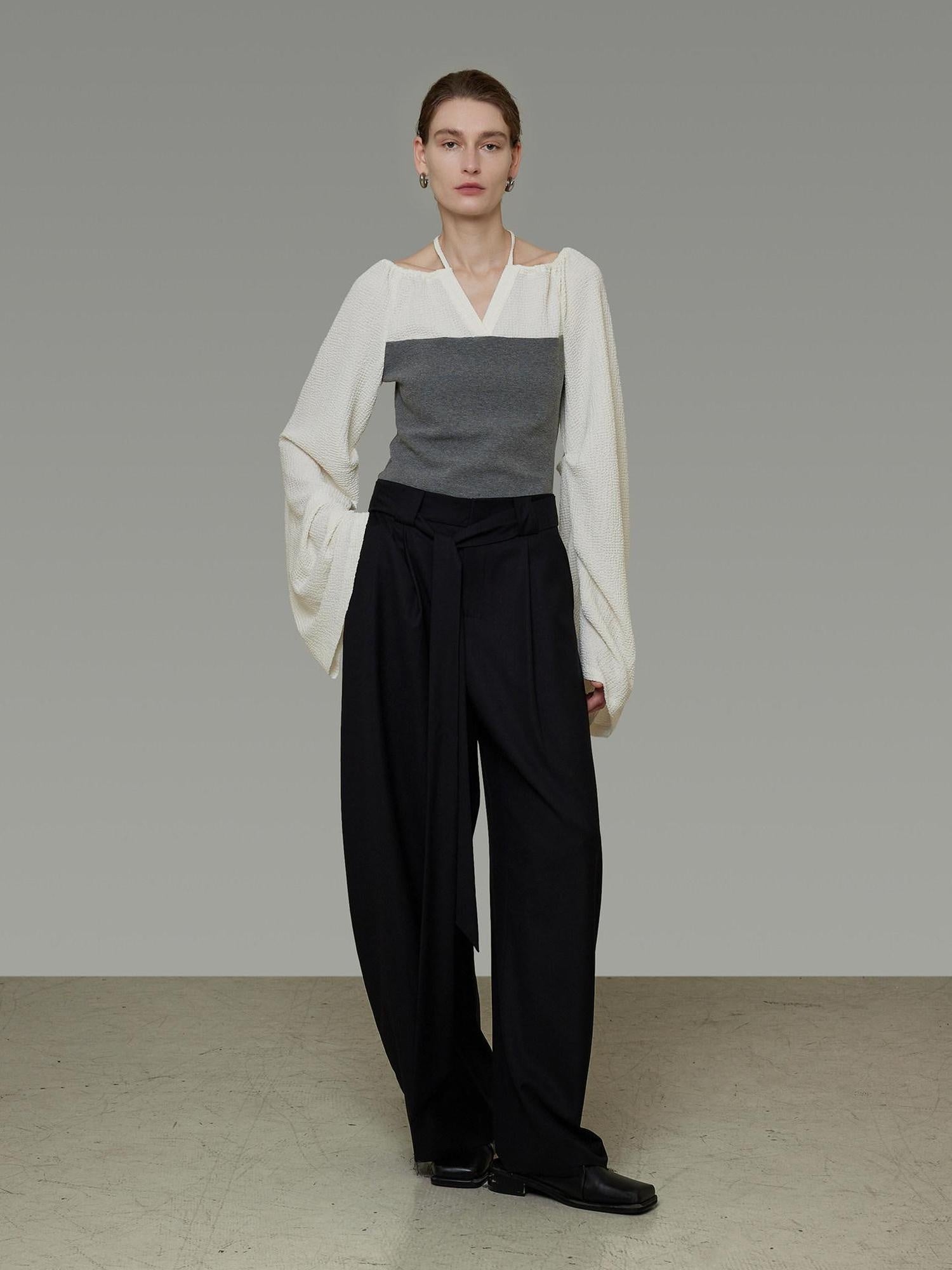unspoken Breathable Cotton Contrast V-neck Loose Longsleeve Tie Front Women Blouses