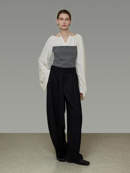 unspoken Breathable Cotton Contrast V-neck Loose Longsleeve Tie Front Women Blouses