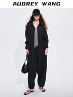 audreyyang Striped Relaxed Lapel Button Long Sleeve Casual Women Polyester Top & Pants Sets