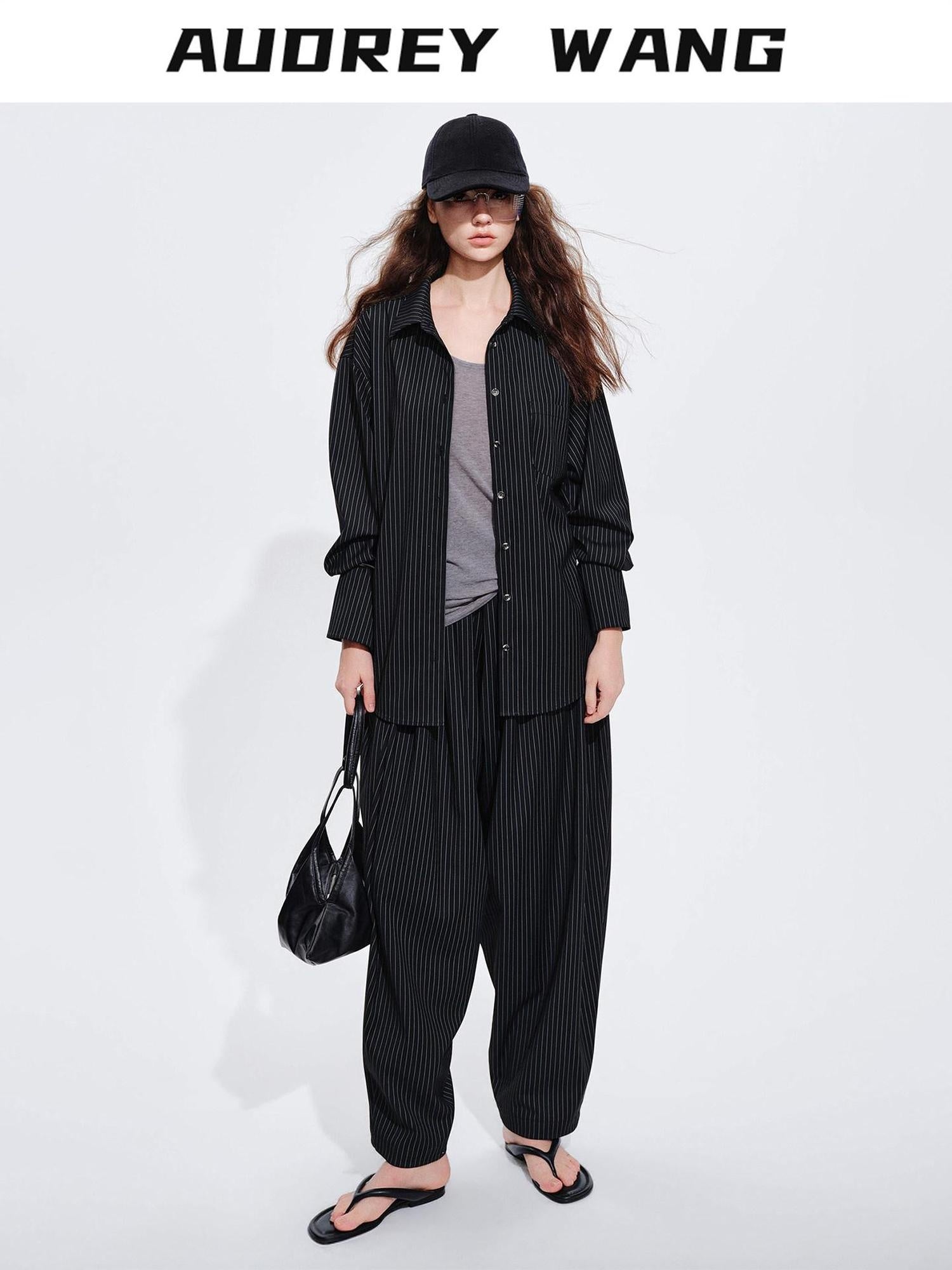 audreyyang Striped Relaxed Lapel Button Long Sleeve Casual Women Polyester Top & Pants Sets